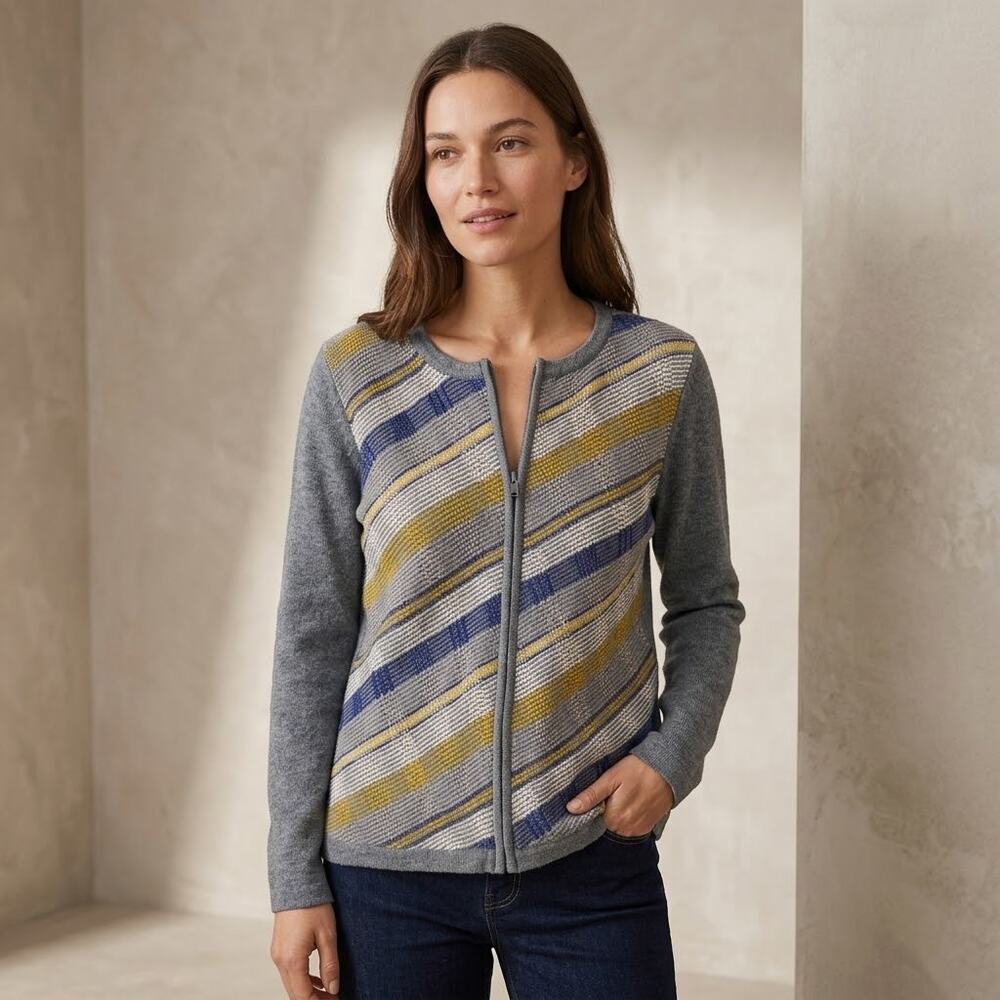 Talbots Cardigan Sweater Jacket full zip Gray Yellow Casual knit top 100% cotton